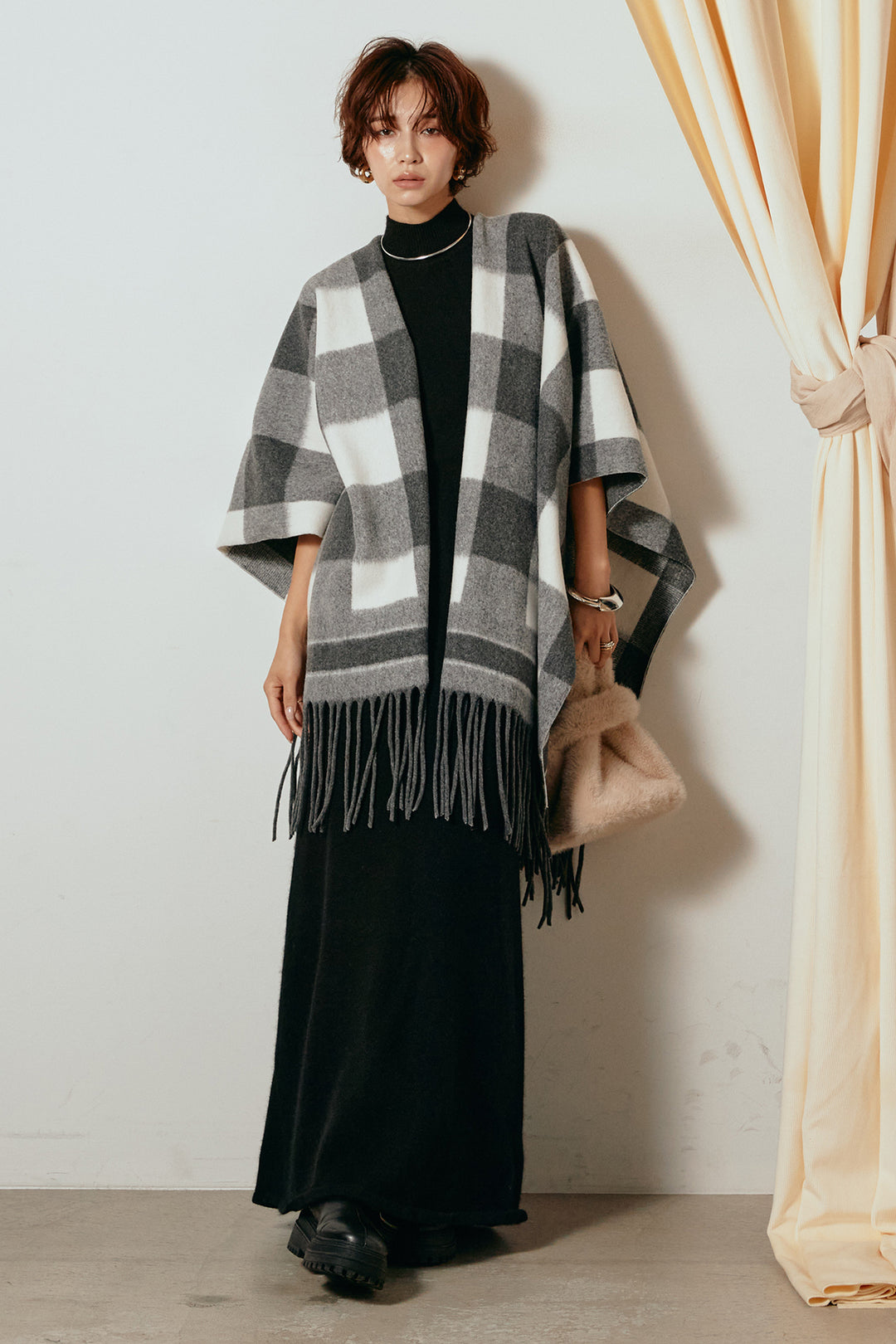 [SET]裾フリンジ柄ポンチョアウター+ノースリーブニットロングワンピース(2set)