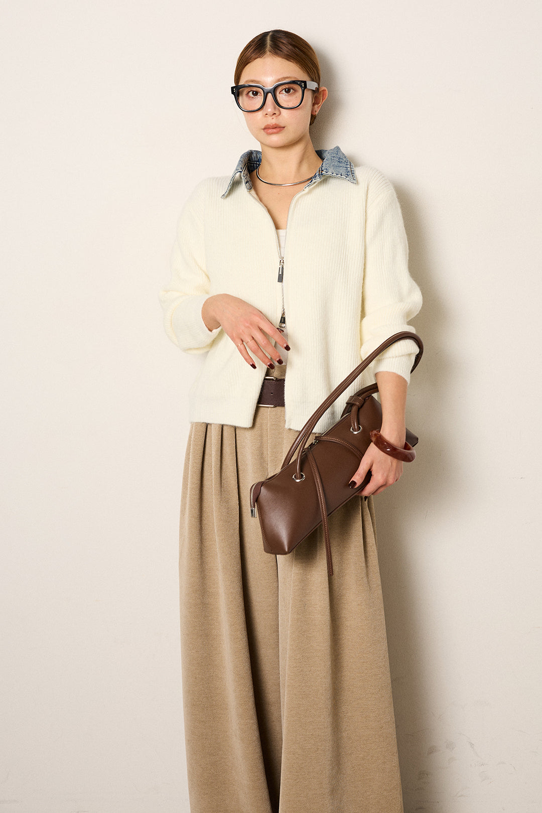 [SET]デニム襟ダブルジップニットトップス+ベルトループコーデュロイワイドパンツ(2set)