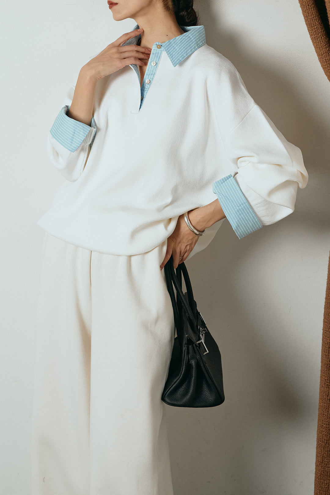 [SET]ストライプシャツドッキングポロトップス+裏起毛スウェットワイドパンツ(2set)