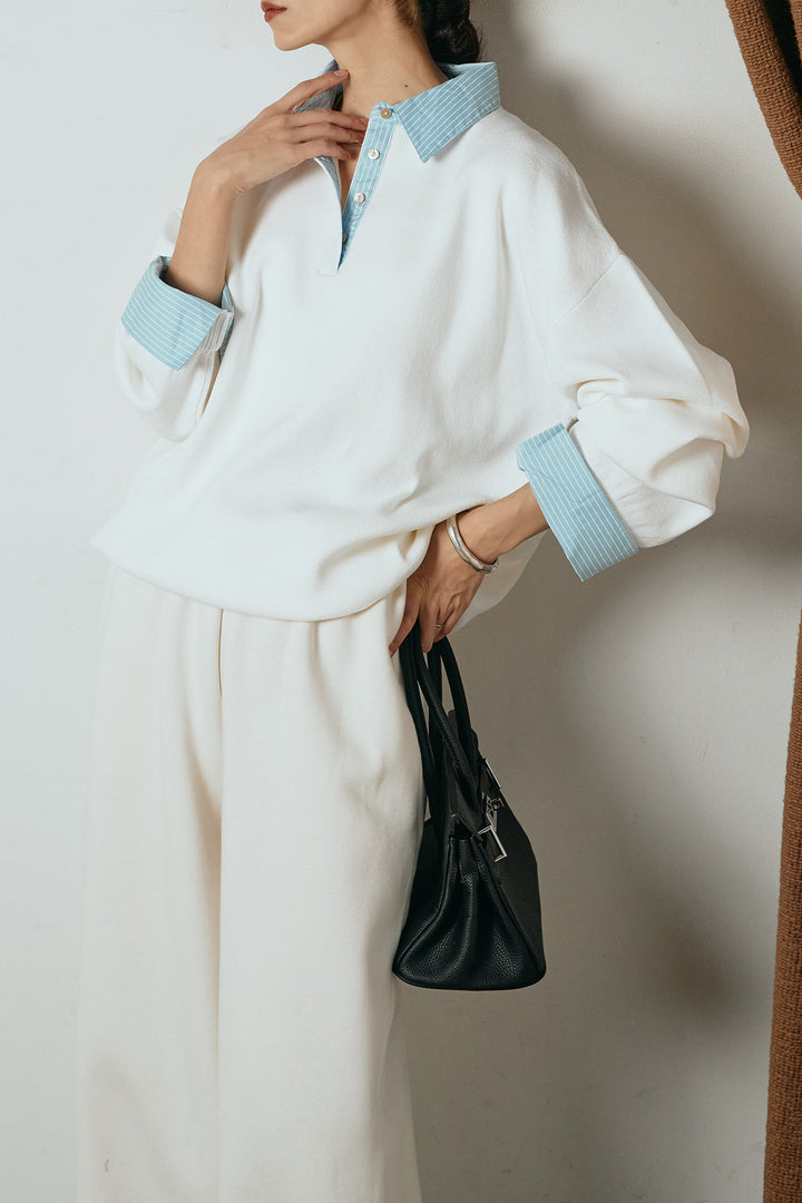 [SET]ストライプシャツドッキングポロトップス+裏起毛スウェットワイドパンツ(2set)