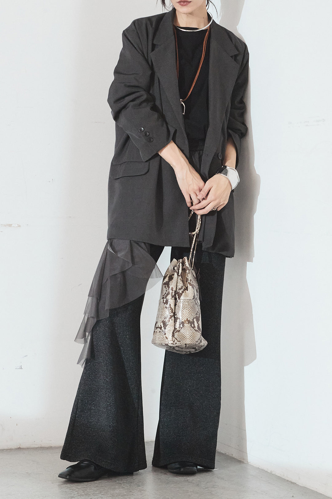 [SET]ルーズシルエットダブルテーラードジャケット+ストレッチロングTシャツ+チュールレイヤードニットパンツ(3set)