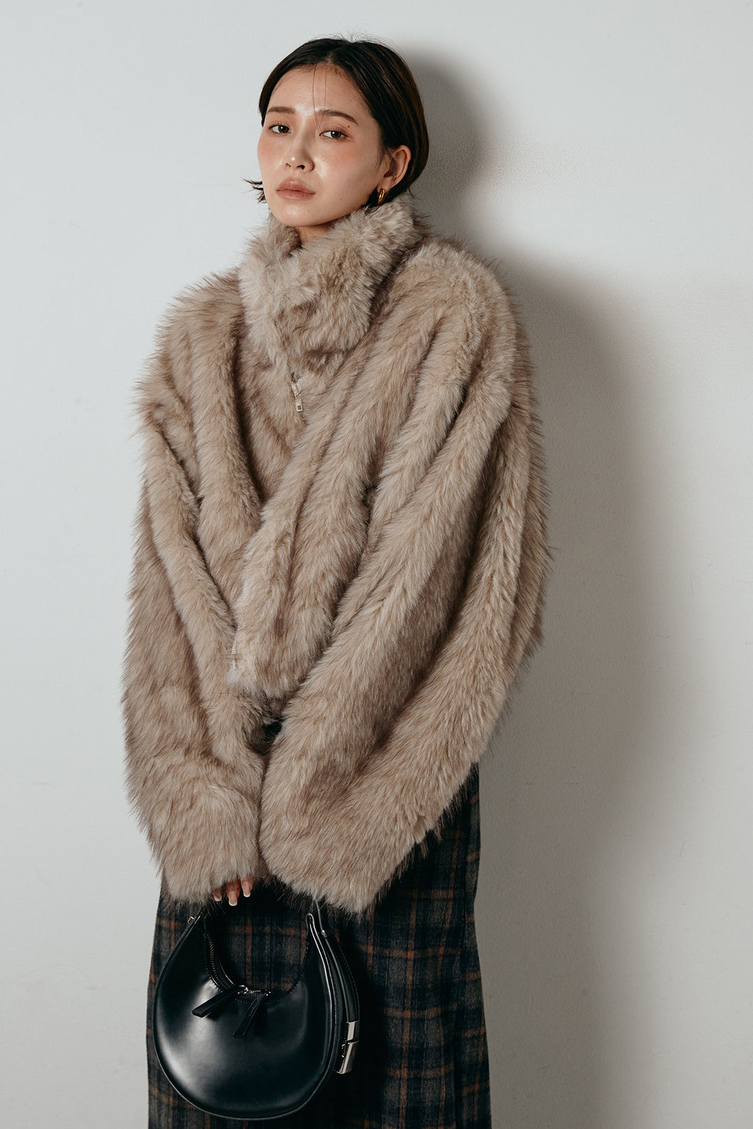 [SET]エコファーショート丈ブルゾン+シャギーチェックストレートスカート(2set)