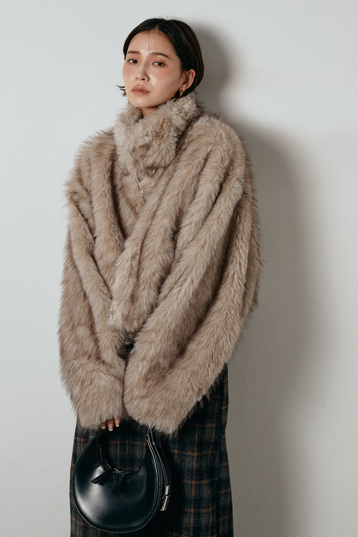 [SET]エコファーショート丈ブルゾン+シャギーチェックストレートスカート(2set)