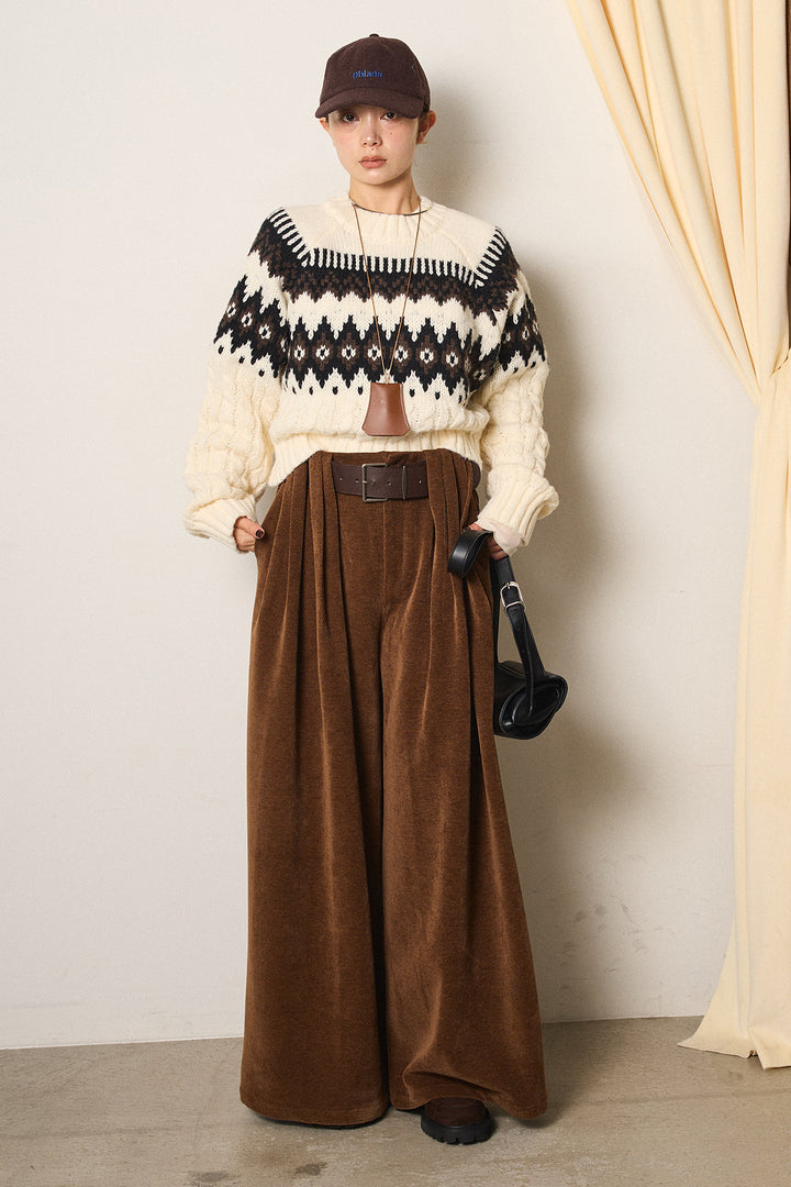 [SET]2WAY求心柄ジャガードショートカーディガン+ベルトループコーデュロイワイドパンツ(2set)