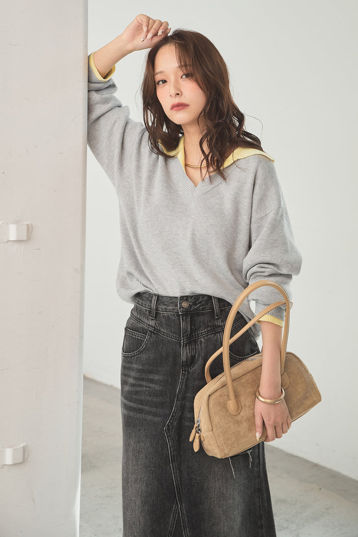 [SET]バイカラーニットレイヤード風プルオーバー+Aラインデニムスカート(2set)