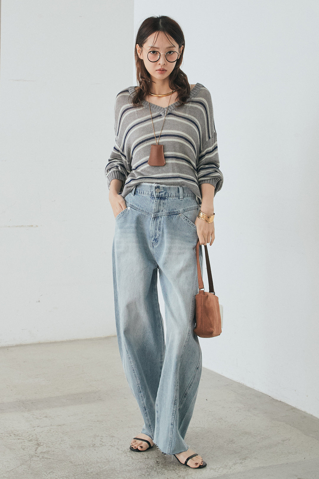 [SET]綿タッチVネックボーダートップス+デニムヨークパンツ(2set)
