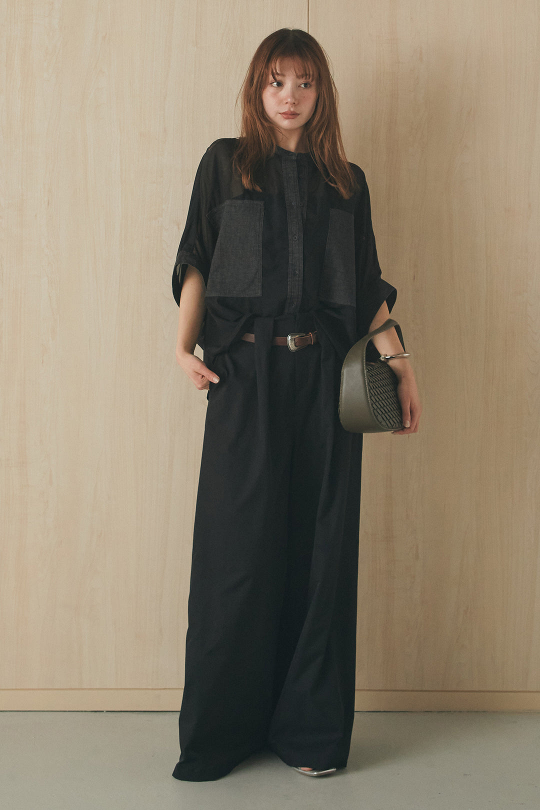 [SET]デニムライクビッグツーポケシアーシャツ+ベルトループデザインハイウエストタックパンツ(2set)