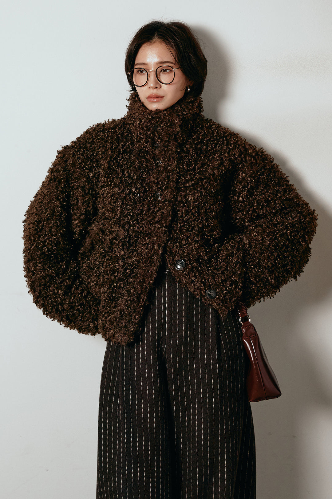 [SET]プードルファーミドルジャケット+ウールライクストライプパンツ(2set)