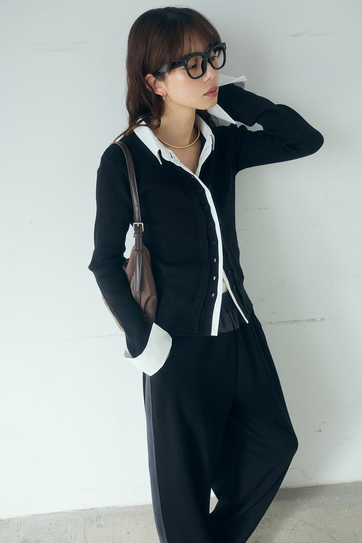 [SET]シャツドッキングボタンニットカーディガン+異素材切り替えスウェットパンツ(2set)