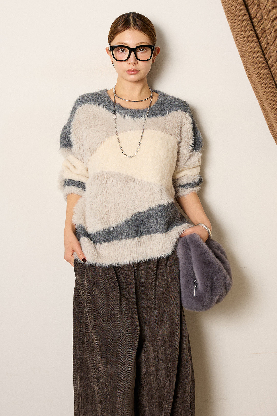 [SET]シャギーウェーブ柄クルーネックニットトップス+かすれデザインワイドパンツ(2set)