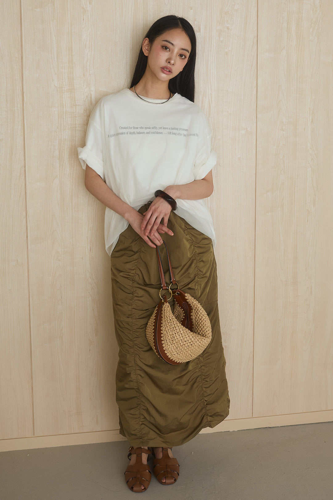 [SET]綿天竺Tシャツ×チュールトップス+ギャザーナロースカート(2set)