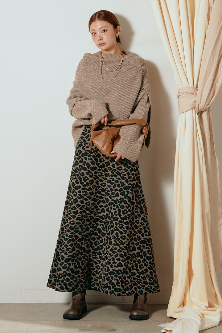 [SET]ケープデザインリブニットトップス+レオパードロングスカート(2set)