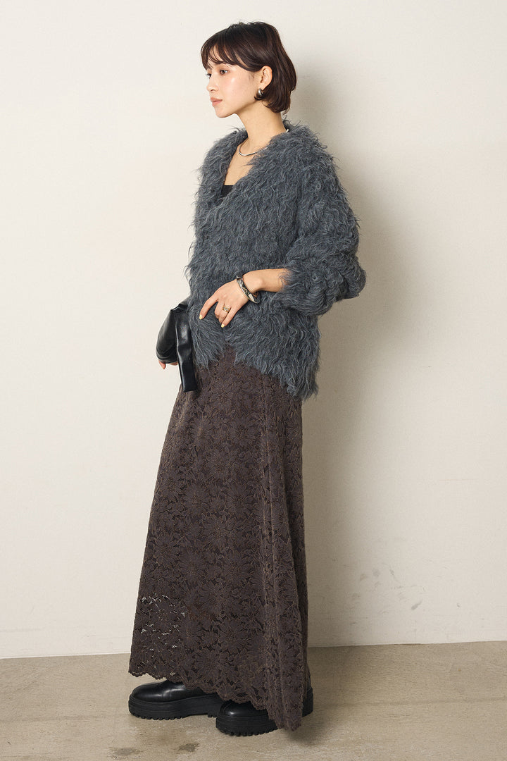 [SET]起毛シャギーニットカーディガン+花柄刺繍ベロアフレアスカート(2set)