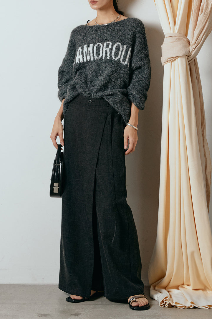 [SET]フロントロゴデザインニットトップス+ラップ巻きワイドスラックス(2set)