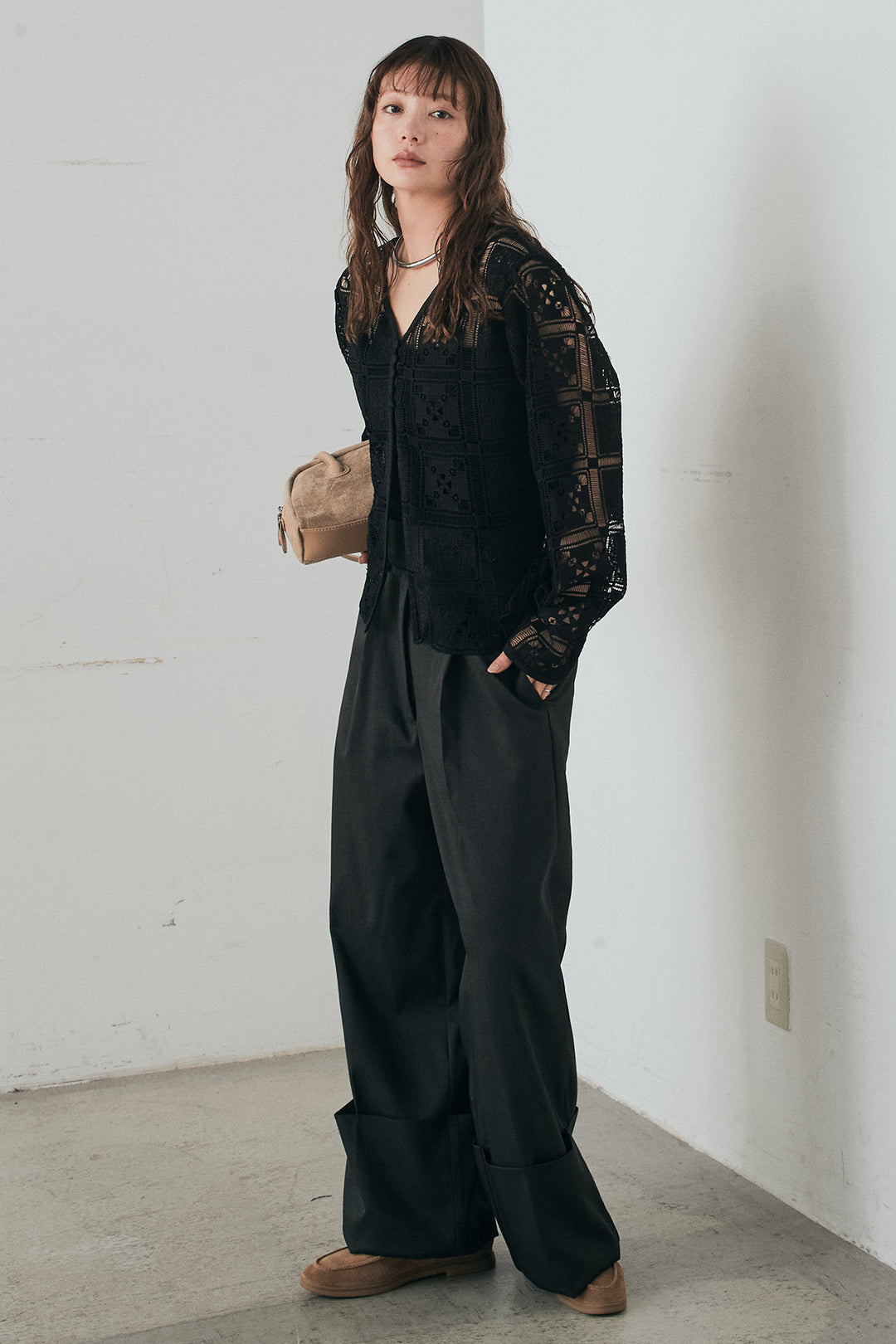 [SET]クロシェレースカーディガン+センタープレスセミワイドパンツ(2set)