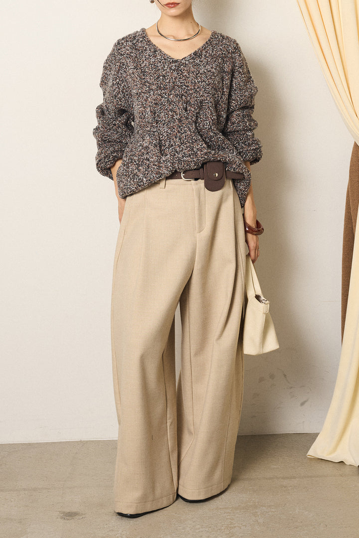 [SET]Vネックミックス編みニットトップス+ポーチベルト付きカーブパンツ(2set)