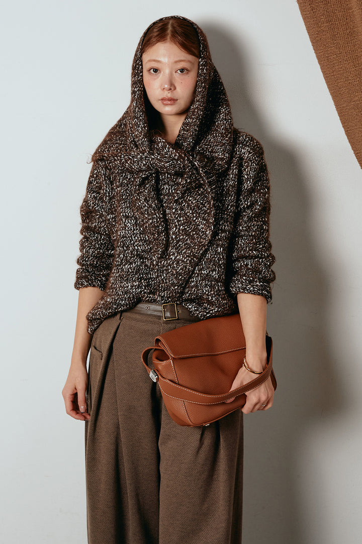 [SET]スカーフ付きミックスニットトップス+細ベルト付き起毛タックワイドパンツ(2set)