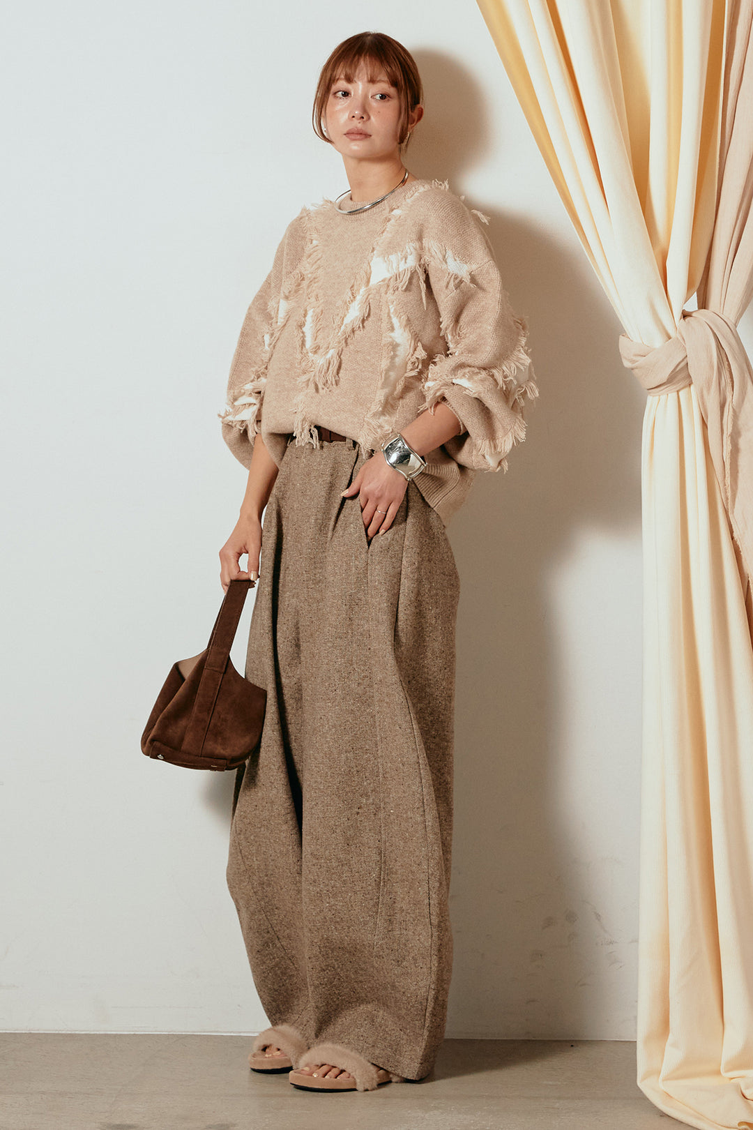 [SET]シャギージャガードニットトップス+ベルト付きネップツイードカーブパンツ(2set)