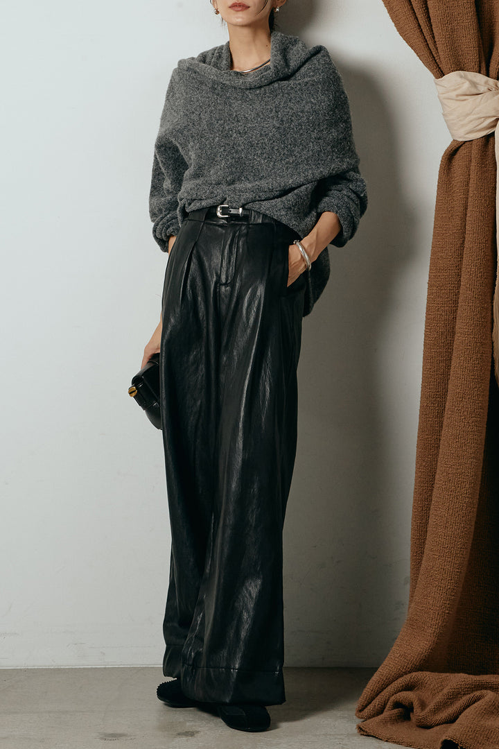 [SET]ネック巻きデザインニットトップス+ベルト付きレザーライクタックパンツ(2set)