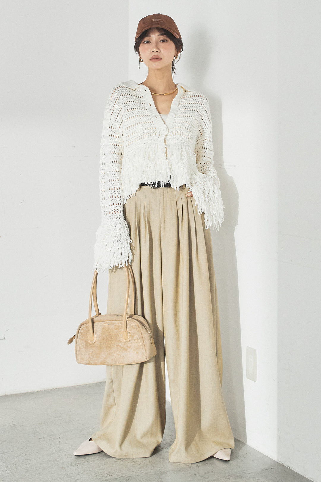 [SET]メッシュフリンジカーディガン+編みベルト付きウエストタックワイドパンツ(2set)