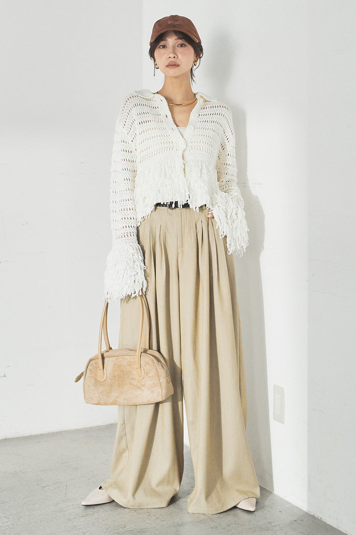 [SET]メッシュフリンジカーディガン+編みベルト付きウエストタックワイドパンツ(2set)