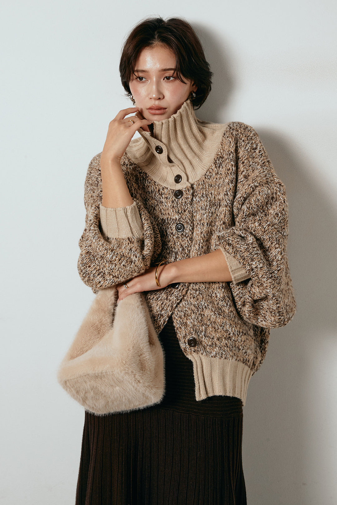 [SET]ハイネックミックスニットカーディガン+編み地切り替えフレアニットスカート(2set)