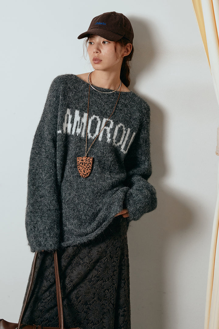 [SET]フロントロゴデザインニットトップス+花柄刺繍ベロアフレアスカート(2set)