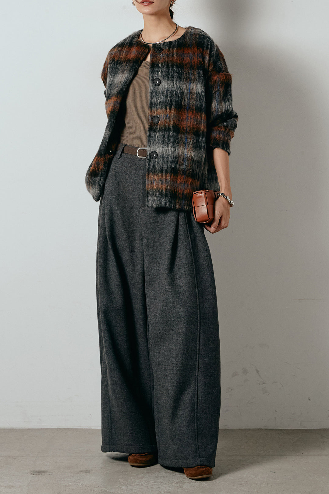 [SET]ノーカラーシャギーチェックアウター+ポーチベルト付きカーブパンツ(2set)