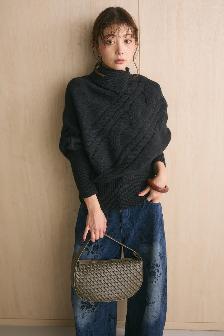 [SET]アシメカラーボタンケーブルニット+フラワーモチーフ刺繍カーブデニム(2set)