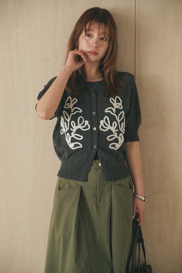 [SET]フロントテープデザイン半袖カーディガン+ミリタリーツイルタックフレアスカート(2set)