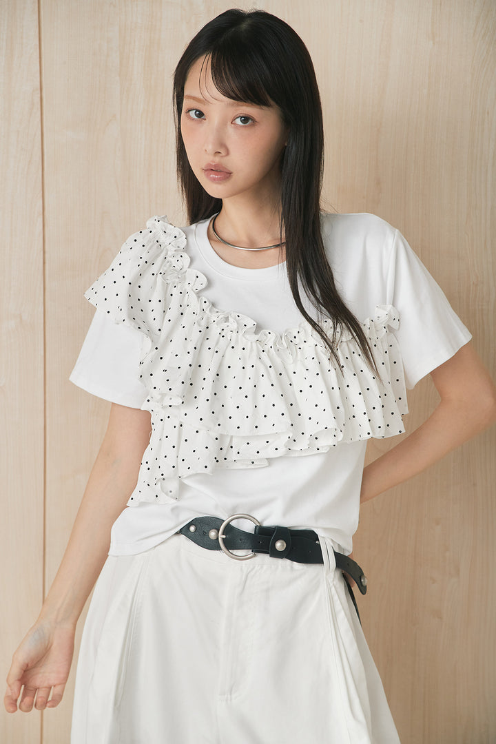 [SET]ドットアシメフリルデザインTシャツ+サークルバックルベルト付きタックワイドパンツ(2set)