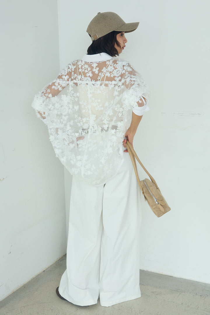 [SET]立体フラワー刺繍レースシャツ+ベルトループデザインハイウエストタックパンツ(2set)