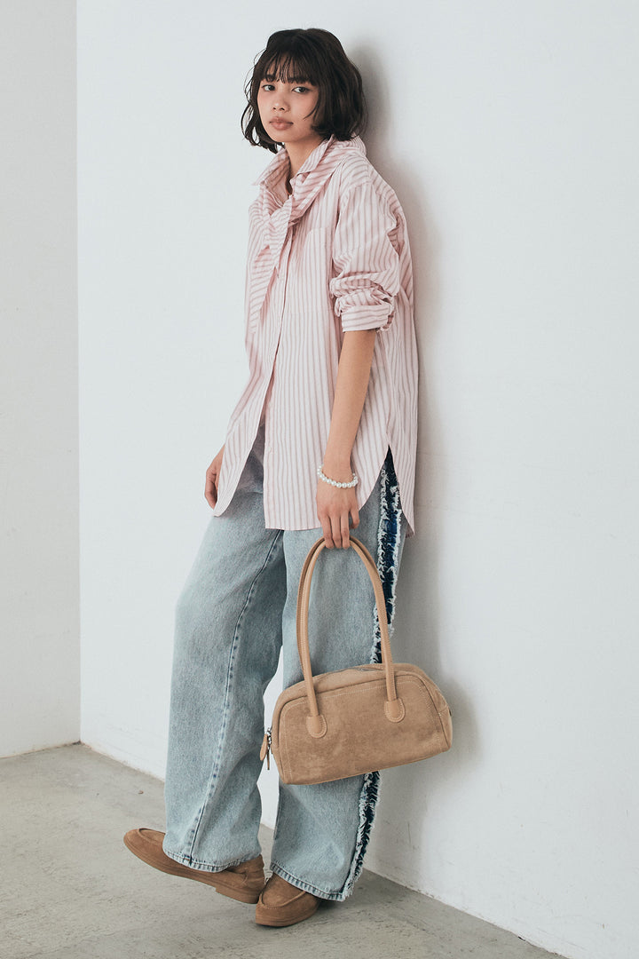 [SET]ランダムストライプスカーフ付きシャツ+デニムサイドフリルパンツ(2set)
