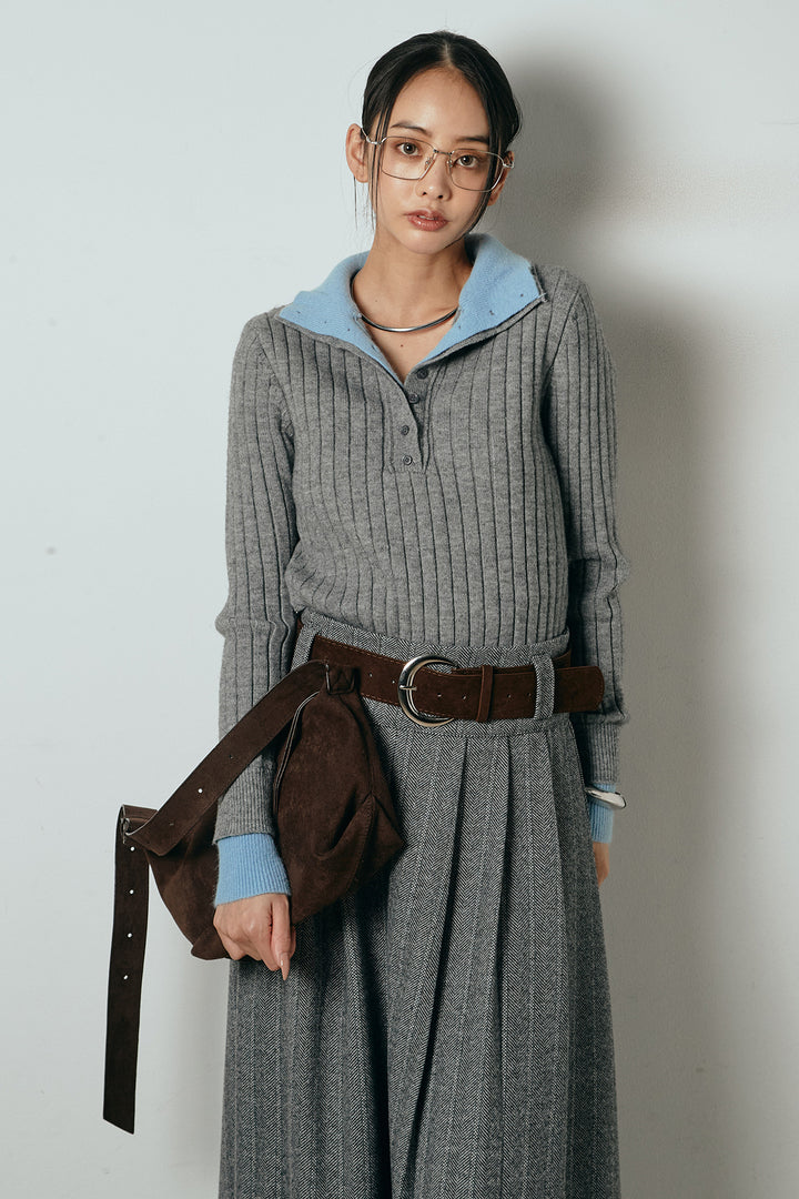 [SET]レイヤード風リブニットトップス+太ベルト付きヘリンボーンプリーツスカート(2set)