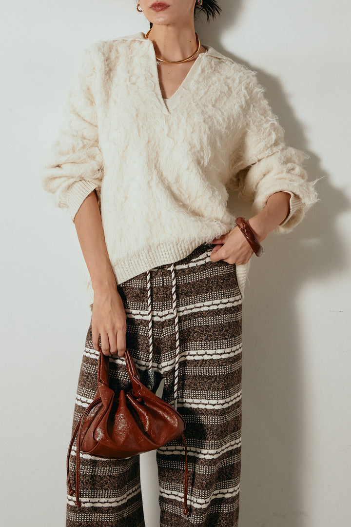 [SET]襟付きシャギーニットポロトップス+マルチライン柄リラックスニットパンツ(2set)