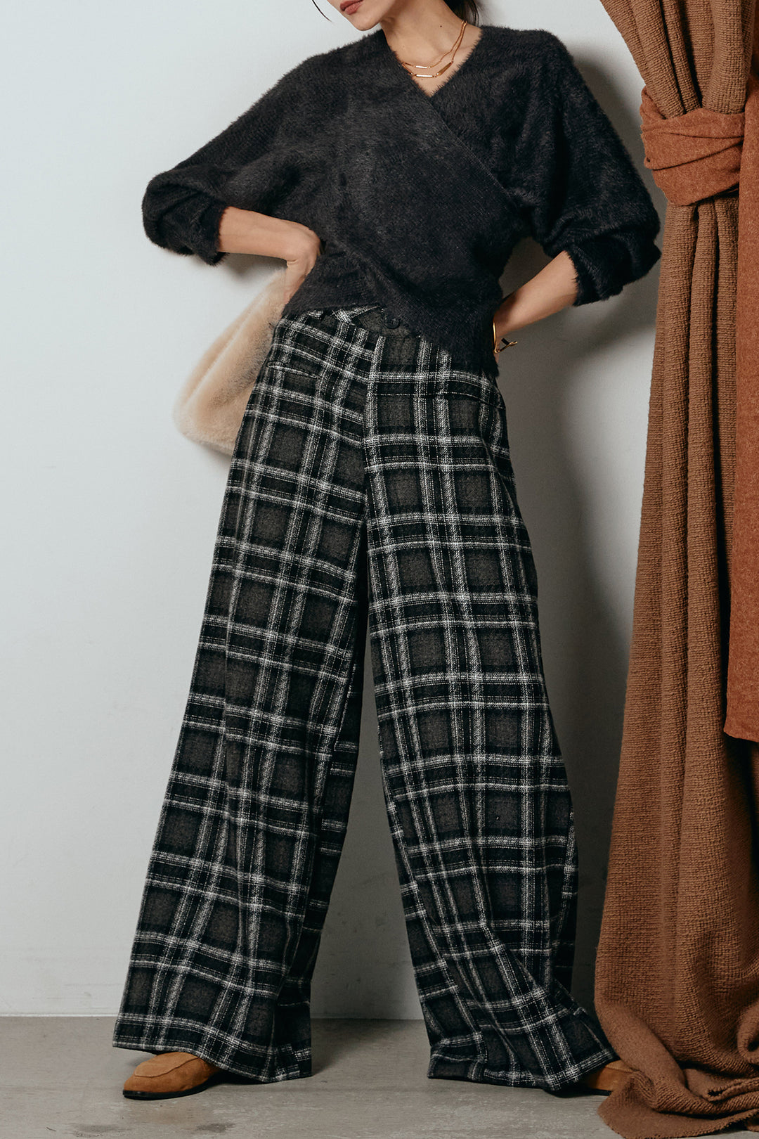 [SET]シャギーカシュクールニットトップス+ルーズタータンチェックワイドパンツ(2set)