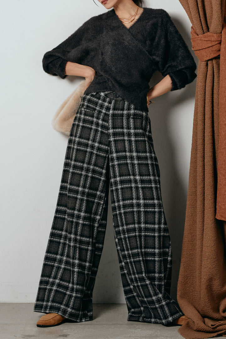 [SET]シャギーカシュクールニットトップス+ルーズタータンチェックワイドパンツ(2set)