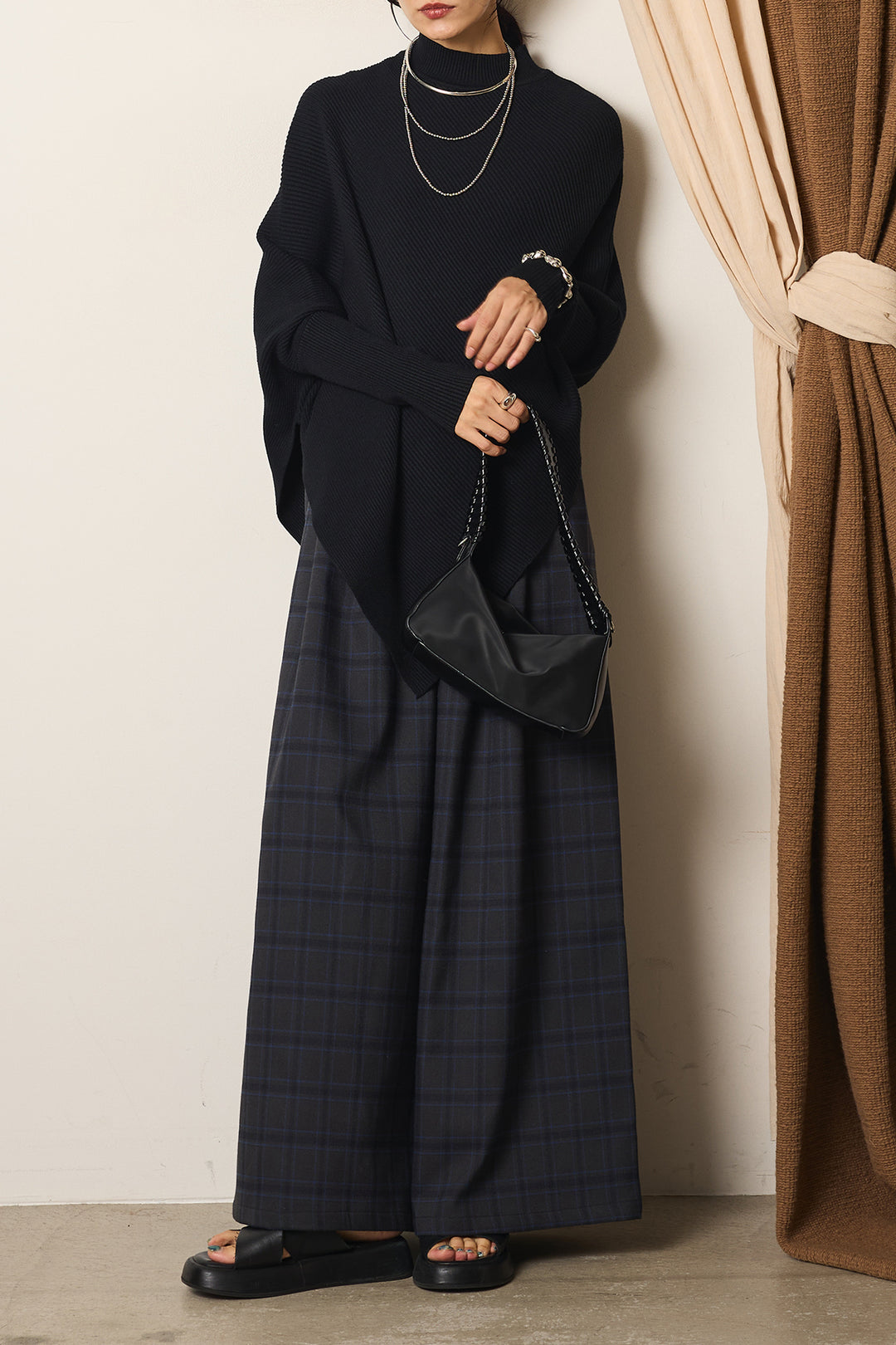 [SET]裾アシメデザインニットトップス+タータンチェック柄くすみワイドパンツ(2set)