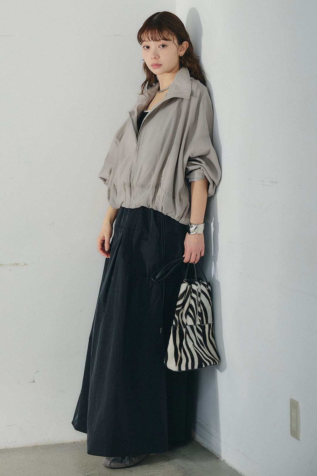 [SET]スタンドネックシアーブルゾン+ナイロンデザインフレアスカート(2set)