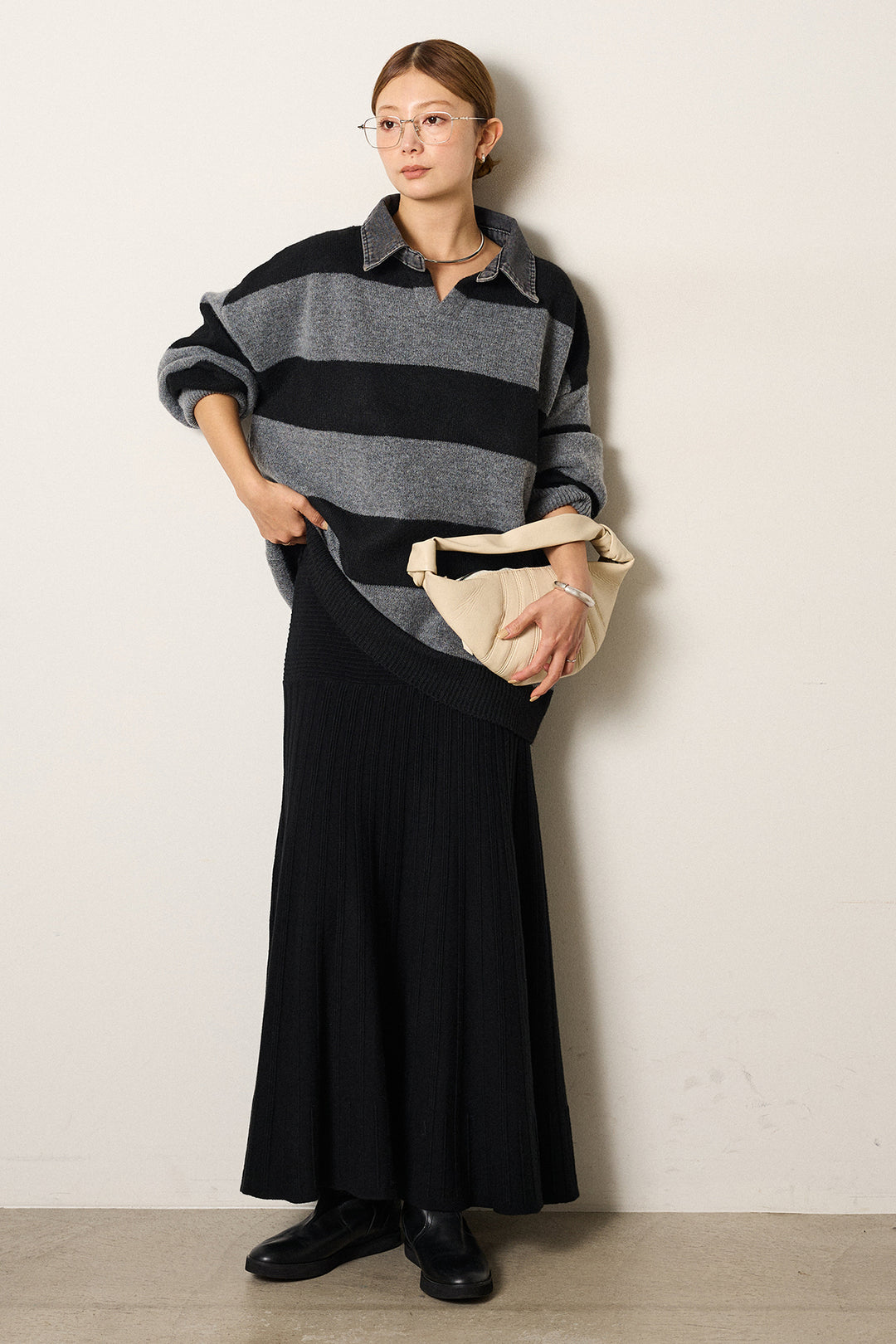 [SET]デニムカラーボーダールーズニット+編み地切り替えフレアニットスカート(2set)