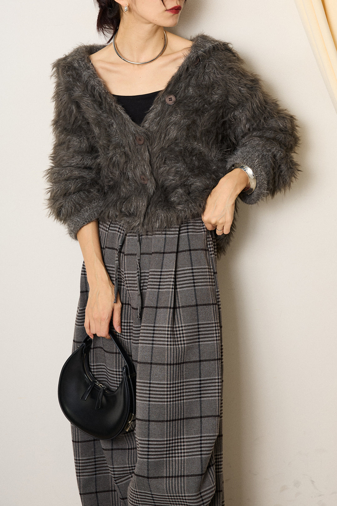 [SET]襟付きシャギーニットカーディガン+グレンチェックルーズタックパンツ(2set)