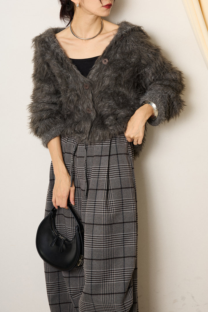 [SET]襟付きシャギーニットカーディガン+グレンチェックルーズタックパンツ(2set)