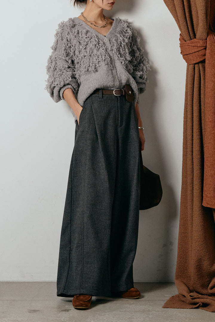 [SET]ループ編みVネックニットカーディガン+ポーチベルト付きカーブパンツ(2set)