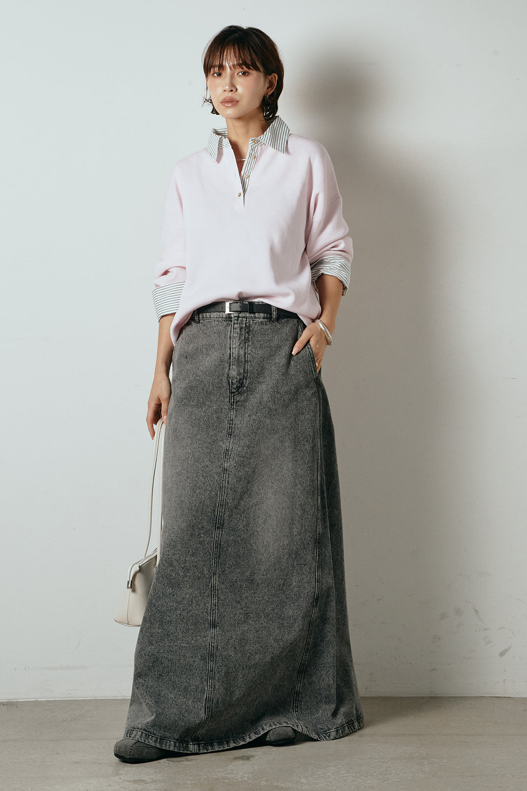 [SET]ストライプシャツドッキングポロトップス+デニムロングフレアスカート(2set)