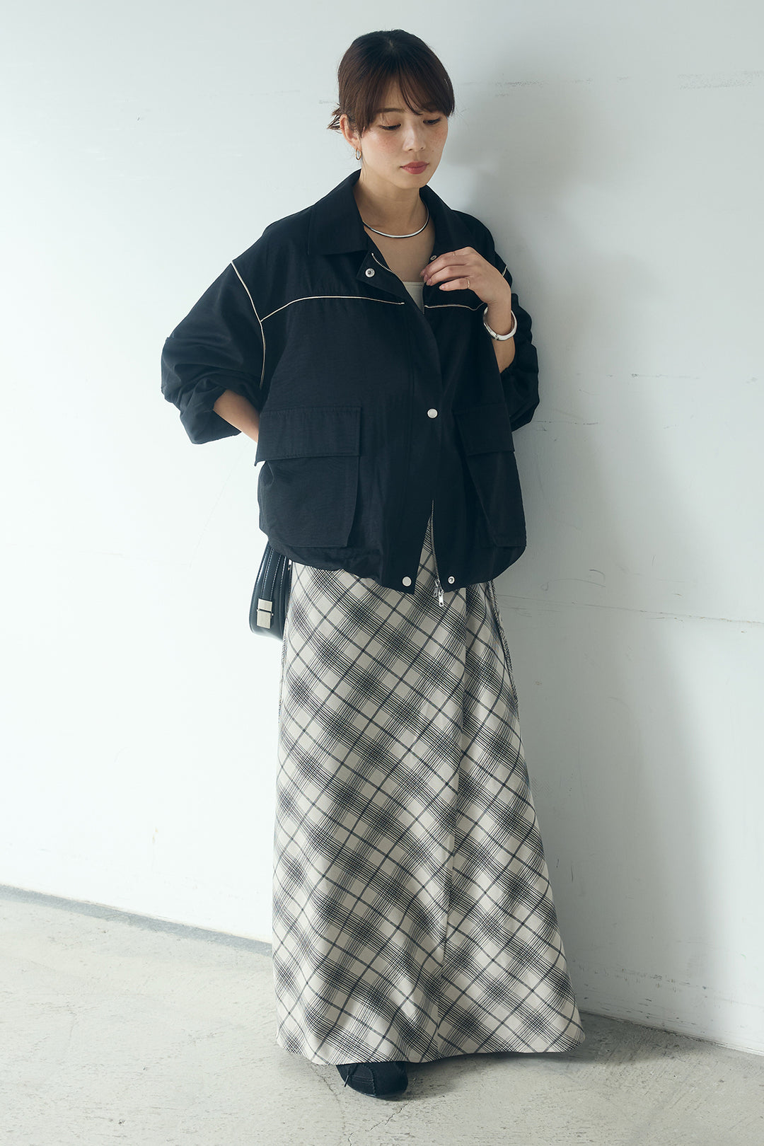 [SET]合繊ツイルバルーンジャケット+タータンチェック柄フロントデザインスカート(2set)