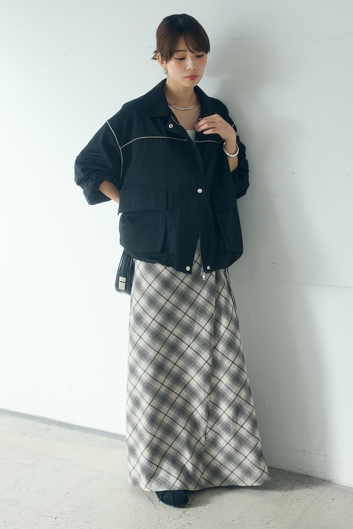 [SET]合繊ツイルバルーンジャケット+タータンチェック柄フロントデザインスカート(2set)