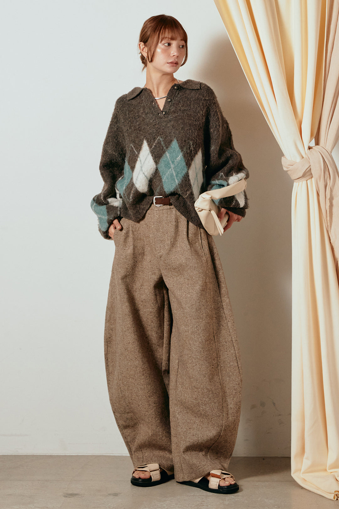 [SET]アーガイル柄ポロニットトップス+ベルト付きネップツイードカーブパンツ(2set)