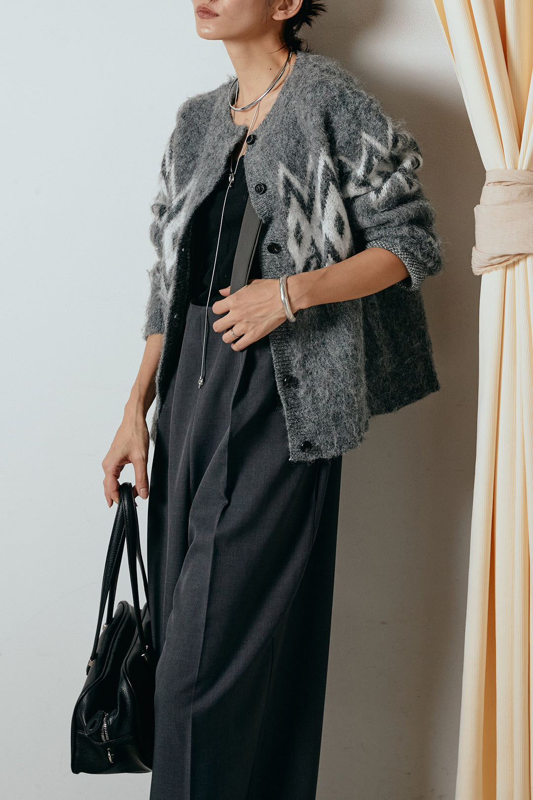 [SET]起毛ノルディック柄ニットカーディガン+ワイドツイルサロペット(2set)