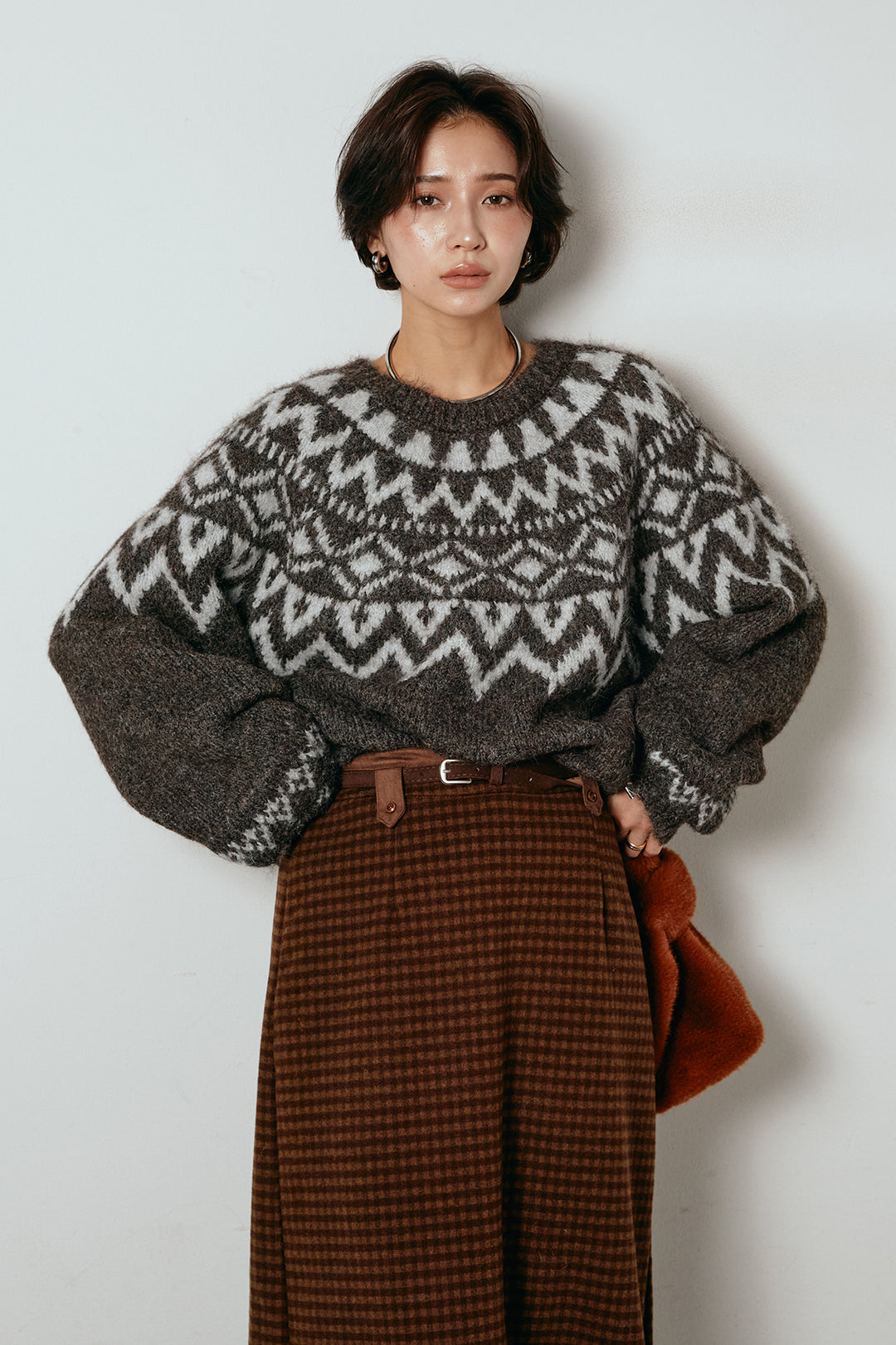 [SET]ノルディック柄Uネックプルオーバー+スエード調ベルト付きチェックナロースカート(2set)