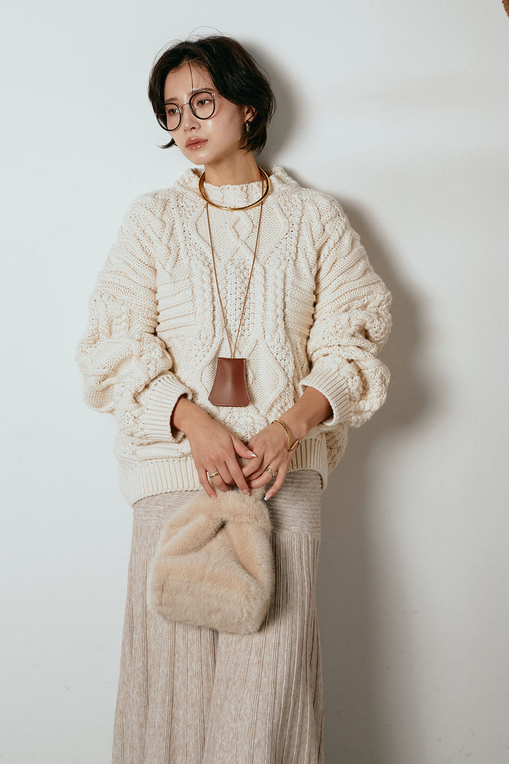 [SET]アラン柄ミックスケーブルニット+編み地切り替えフレアニットスカート(2set)